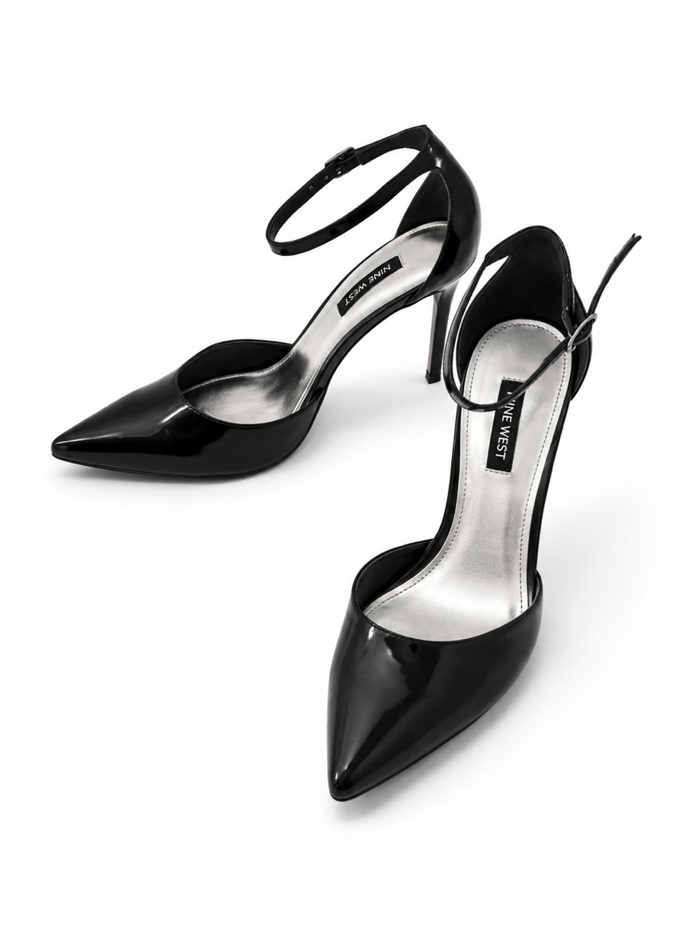 Nine West Women's Black Patent Ankle-Strap Pointed Pump size 7.5